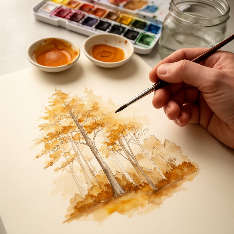 Eine Hand mit feinem Pinsel über einer halbfertigen Waldillustration, daneben Näpfe mit bernsteinfarbenen Pigmenten und eine Aquarellpalette.