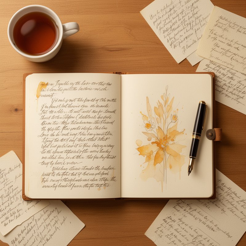Ein Schreibtisch von oben: ein aufgeschlagenes Manuskript mit fließender Handschrift, ein Füllfederhalter, eine Tasse Tee und lose Notizen.