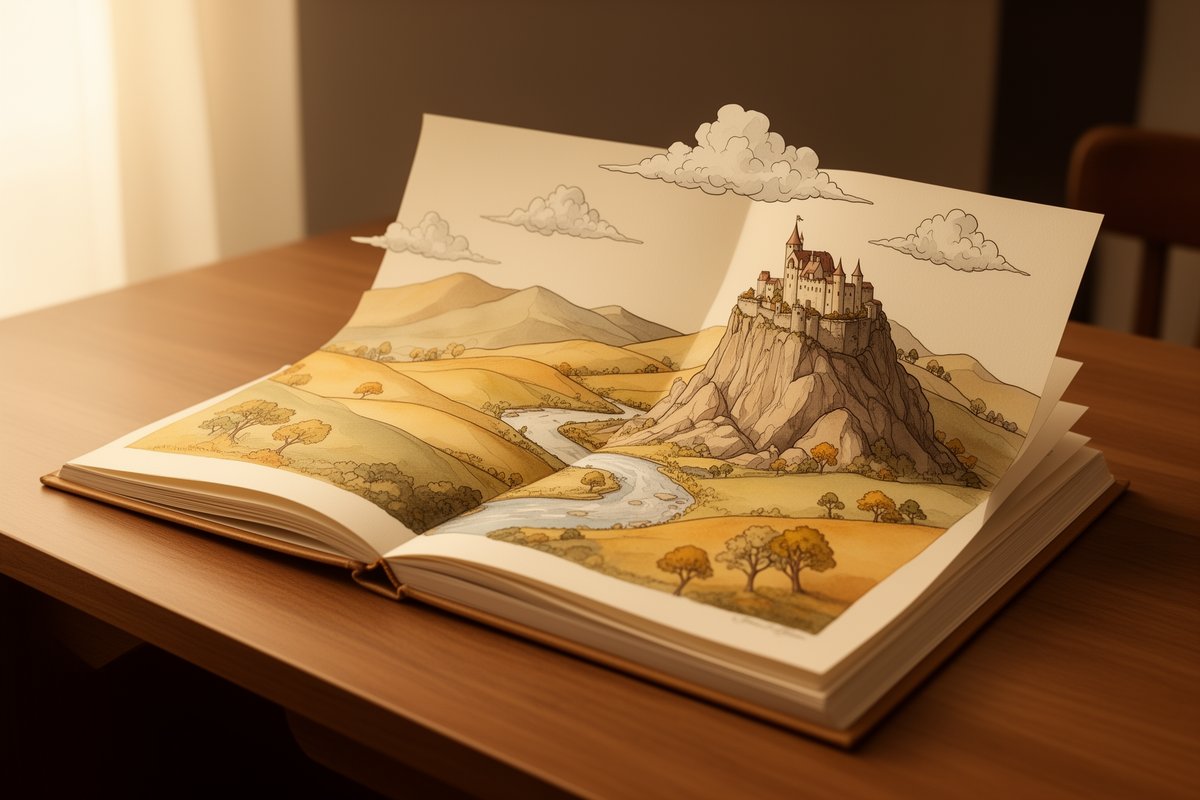 Ein aufgeschlagenes Bilderbuch auf einem Schreibtisch, auf dessen Seiten eine gezeichnete Landschaft mit Hügeln, einer Burg auf einem Felsen und einem Fluss liegt. Wolken und Berge ragen über den Seitenrand hinaus.